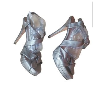 Corso Como Heels Pewter Leather Bow Open Toe Ankle Strap Buckle Brazil Sz 10